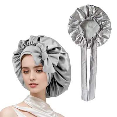Produktbild von Damen Satin Bonnet Schlafhaube verstellbar Seidenhaube für Schlaf Silber