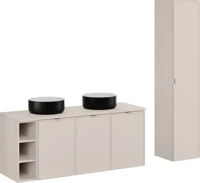 Produktbild von Badmöbel Set 2-teilig mit Doppelwaschtisch 140 cm & Hochschrank in Kaschmir - BIBIONE-56