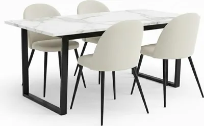 Produktbild von Tilst Essgruppe Esstisch mit weißem Marmordruck und 4 Stühlen Samt Beige.