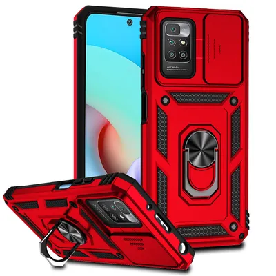 Immagine prodotto di Custodia per Xiaomi Redmi 10 a doppio strato con copertura scorrevole della fotocamera e supporto ad anello rosso