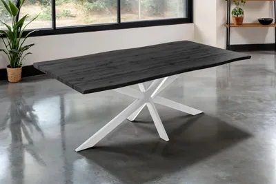Produktbild von Esstisch 200x100 cm Baumkante Holz Grau-Optik Spider-Gestell Metall weiß JOSY