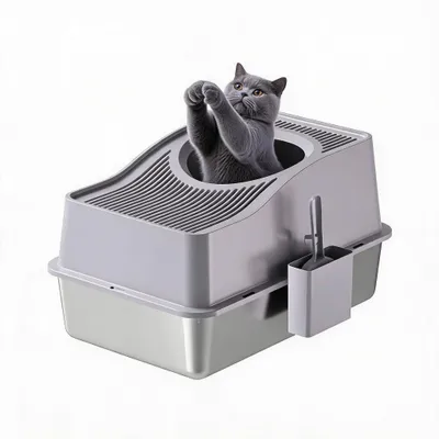 Image de Litière pour chat en acier inoxydable, fermée, grande litière avec couvercle