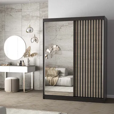 A bedroom scene with a wardrobe, vanity, and decorative elements.