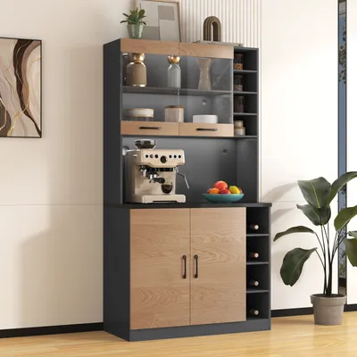 Produktbild von okwish Vitrinen Highboard aus Holz mit LED-Ambiente-Beleuchtung und Kabellöchern, Buffet für Wohnzimmer, Küche, 100x47x187cm, Natur