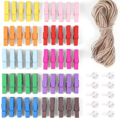 Produktbild von Fotoklammern 50 Stück – Mini-Holzklammern mit 10 m Juteschnur – Fotohalter für Bilder & Karten – Deko-Klammern für Fotowand, Hochzeit & Party