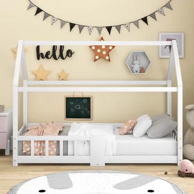 Obrázek produktu pro okwish dětská postel domeček postel 90 x 200 cm, dřevěná postel pro děti s deskovými lamelovými rošty proti pádu, vyrobeno z borovicového dřeva, bílá (bez matrace)