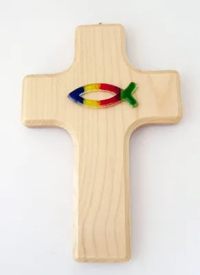 Holzkreuz mit Glasfisch, 15 x 11 cm, Wanddeko