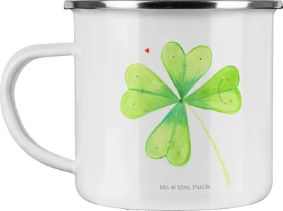 Produktbild von Mr. & Mrs. Panda Pott Blume Kleeblatt - Weiß - Geschenk, Tasse Emaille, Motivation, Umzug, Kaffeepott, Glück, Garten, Campingtasse, Neuanfang, becher, Glücksbringer