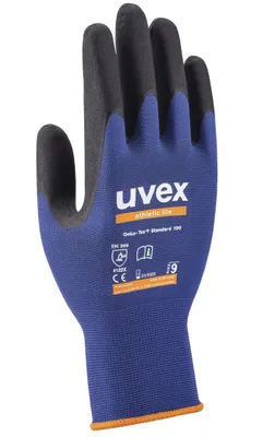 A single blue and black work glove is shown against a white background.