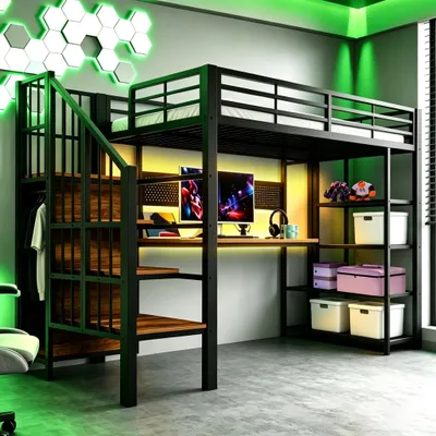 Produktbild von Flieks Etagenbett 90x200cm mit Led, Hochbett mit Schreibtisch und Ladefunktion, Kinderbett Jugendbett mit Regal und Kleiderstange, Metallbett Schwarz