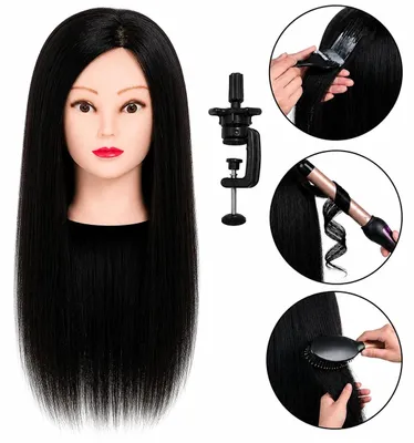 Produktbild von Frisörkopf Ela 55 cm Black - Übungskopf aus Echthaar mit Tischhalterung zum Frisieren