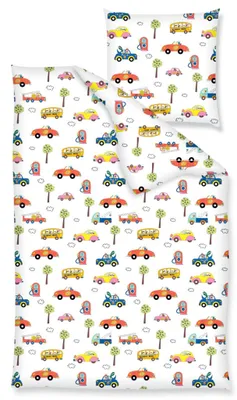 Produktbild von JACK Kinder Renforce Baby Bettwäsche 2 tlg. 100x135cm Autos Fahrzeuge Feuerwehr Bus Bunt Reißverschluss