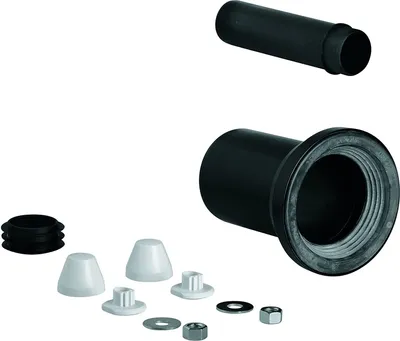 A collection of plumbing parts, including pipes, seals, and fasteners, laid out on a white background.