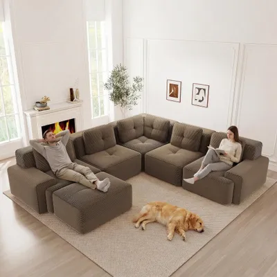 Immagine prodotto di Divano angolare modulare in tessuto cord, divano a 5 posti con poggiapiedi, divano basso senza struttura in colore marrone, dimensioni 295x295 cm, adatto agli animali domestici