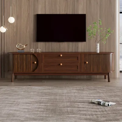Produktbild von Merax TV-Schrank mit Holzoptik, TV Lowboard mit Schubladen und Lamellentüren, Wohnzimmermöbel mit Stauraum und abgerundete Ecken, Nussbaum
