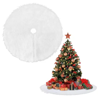 Produktbild von Ikodm Weihnachtsbaumdecke 78 cm aus weißem Langplüsch mit Klettverschluss, weiche Christbaumdecke für festliche Dekoration