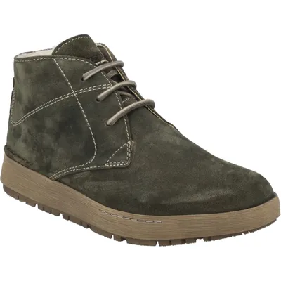 A single green suede boot is shown against a white background.