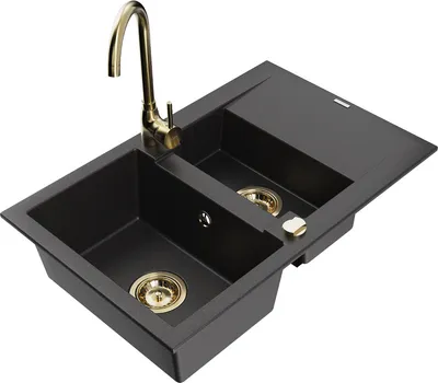 Produktbild von Mexen Gaspar 1,5-Becken-Granitspüle mit Abtropffläche und Mischbatterie Telma, Schwarz - 6507-77-670200-50