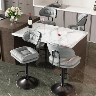 Image de Ensemble de 4 tabourets de bar, gris clair, ergonomiques, rembourrés, avec dossier et réglables en hauteur