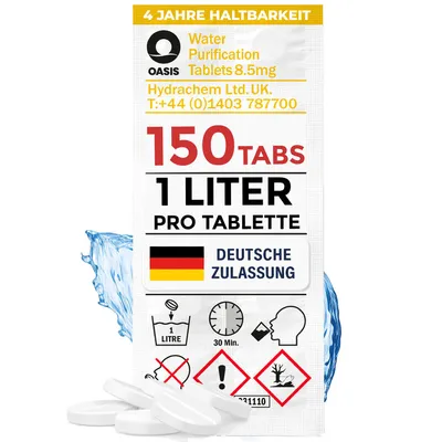 Produktbild von Wicked Chili Travel Wasseraufbereitung Trinkwasser (150 Tabletten je 1 Liter) Wasserentkeimung & Trinkwasseraufbereitung - für Wandern & Campen, Notfallrucksack Reiseapotheke, Notfall Ausrüstung