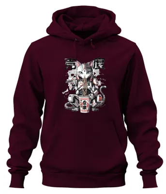 Obrázek produktu pro Cyberpunková mikina s kapucí, motiv: kočka, ramen, nudle, mecha, Japonsko, anime, otaku, barva: bordó, velikost: S