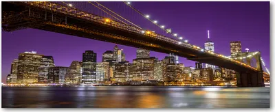 Produktbild von Tulup® Glas-Bild Wandbild aus Glas - 125x50 - Wandkunst - Wandbild hinter gehärtetem Sicherheitsglas - Dekorative Wand für Küche & Wohnzimmer  - Sehenswürdigkeiten & Architektur - Manhattan bei Nacht - Lila