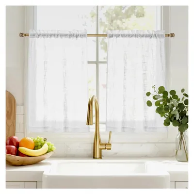 Produktbild von Kurze Scheibengardinen in Leinenoptik, weiß, halbtransparent, 2er Set, B 60 x H 45 cm, Küchengardinen mit Stangedurchzug