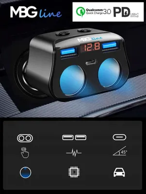 Immagine prodotto di Linea MBG Presa accendisigari Splitter Voltmetro Caricatore 2XUSB QC3.0 Due Prese Accendisigari USB Tipo C Max 120W 1m Cavo USB-C Display LED HC69PD
