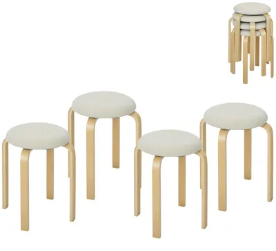 Image de 4 poufs rembourrés empilables | Couleur : Blanc et marron | Dimensions : 40x40x45 cm