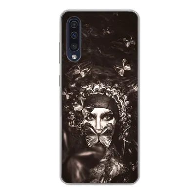 Produktbild von MuchoWow® Handyhülle Schutzhülle Hülle für Samsung Galaxy A50 Frau - Schmetterling - Schwarz - Weiß Silikon Softcase Handy Hülle - Mobiltelefonhülle
