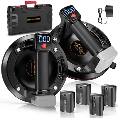Produktbild von 2 Pack Akku Saugheber 200kg/20cm 4x 3000mAh Akkus, LCD-Anzeige Automatisch Fliesenheber Glasheber Vakuumheber Plattenhebe, für Glas, Fliesen, Metall