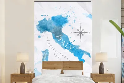 Produktbild von MuchoWow® Fototapete für Wohnzimmer oder Schlafzimmer Wandtapete Vinyl Motivtapete Weltkarte - Blau - Italien - 155x240 cm - Tapete