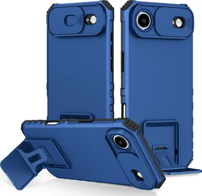 Image de Étui pour iPhone Air étui de protection militaire double couche avec support et protection coulissante de l'appareil photo bleu