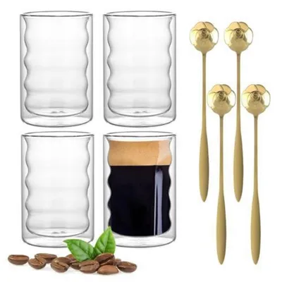 Image de Ensemble de 4 verres pour latte macchiato, capacité de 350 ml chacun, à double paroi, avec 4 cuillères en forme de rose