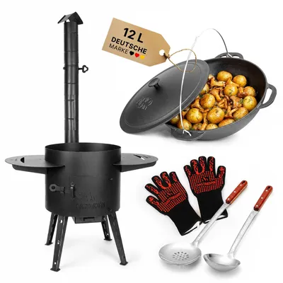 Produktbild von Premium Komplettset Uchag 2mm Stahl 12L Gusseisen Kazan Gusseisendeckel Outdoor Ofen Feldküche Plov Kessel Camping Grill Gulaschkessel mit Zubehör