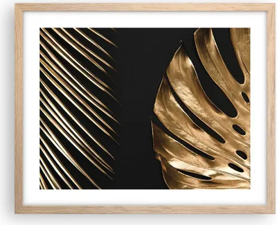 Produktbild von Gerahmtes Poster - Rahmen in heller Eiche - Golden Blatt Monstera - 50x40 cm - Wand Bild - Wanddeko - Wandbilder - Kunstposter - Wandposter - Bilderrahmen - Bilder - Kunstdruck - P2NAA50x40-5028