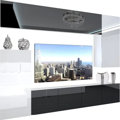 Produktbild von BELINI Wohnwand Vollausstattung Wohnzimmer-Set Moderne Schrankwand mit LED-Beleuchtung Weiß Glänzend Anbauwand TV-Schrank Schwarz / Weiß Glänzend