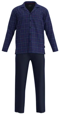 Produktbild von GÖTZBURG Herren Schlafanzug, lang - Valencia, Flanell, Karo, durchgeknöpft Dunkelblau 3XL
