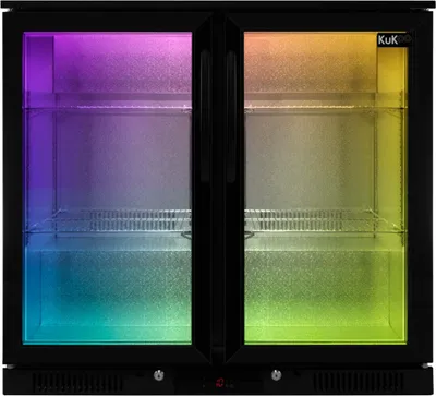 Immagine prodotto di Frigorifero per bevande da 208 litri, modello da bar per il settore gastronomico, refrigeratore per bottiglie, doppia porta a battente con chiusura automatica, nero, refrigeratore da bar, capienza per 112 bottiglie da 500 ml di birra e vino, 4 ripiani regolabili, illuminazione a LED a 7 colori