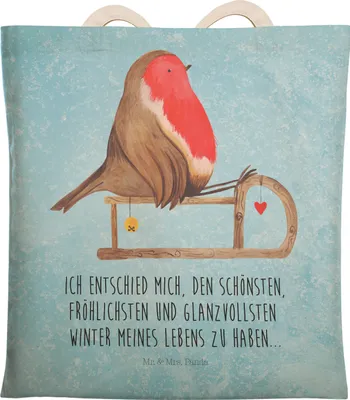 Produktbild von Mr. & Mrs. Panda shopping bag Rotkehlchen Schlitten - Eisblau - Geschenk, Beuteltasche, Weihnachten, Einkaufstasche, Tragetasche, Beutel Tasche, Wintermotiv, Vogel, Tote
