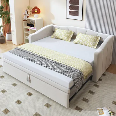 Zdjęcie produktu dla Fortuna Lai Łóżko tapicerowane Rozkładana sofa 90/180*200 cm z listwami, łóżko wielofunkcyjne z przyjaznego dla skóry aksamitu w kolorze beżowym