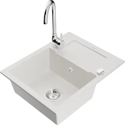 Produktbild von Mexen Enzo 1 Becken-Granitspüle mit Abtropffläche und Mischbatterie Telma, Weiß - 6506-20-670200-00