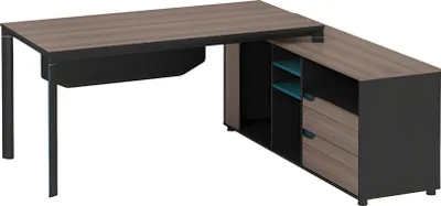 Image de Bureau d'angle Moderne Finition Bois Marron Noir Design Avec Étagères Tiroirs