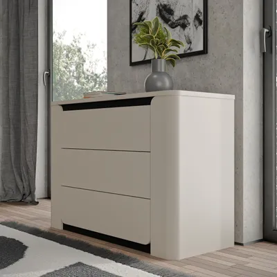 Produktbild von Forte VODOL Kommode 110, moderne Kommode 3 Schubladen und abgerundetem Eckendesign, Holzwerkstoff, Kaschmir|Beige , 110,6 cm breit x 77,9 cm hoch x 44,8 cm tief