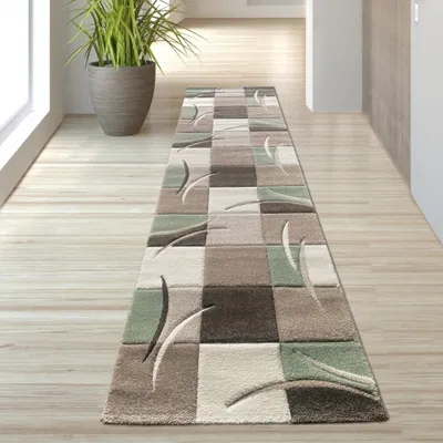 Produktbild von Designer Teppich mit Konturenschnitt Karo Muster Pastellfarben Grün Creme Beige Dunkelgrau Größe - 80 x 300 cm