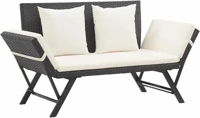 Produktbild von Gartenbank Holzbank Sitzbank Gartenbankpark für 2-3 Sitzer,Balkonbank Parkbank Flurbank Terrassenbank für Terrasse,Balkon,Garten mit Auflagen 176 cm Schwarz Poly Rattan-655