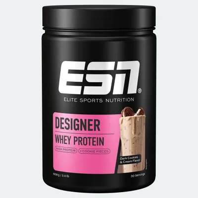 Produktbild von ESN Designer Whey Protein, Puder, Molkenproteinkonzentrat, Molkenprotein isoliert, Cookies & Cream, L-Alanin, L-Arginin, L-Asparaginsäure, L-Cystein, L-Glutaminsäure, L-Glycin, L-Histidin,..., Whey Protein Blend 85% (Ultrafiltered Whey Protein Concentrate, Cross Flow Microfiltered Whey..., 22 g