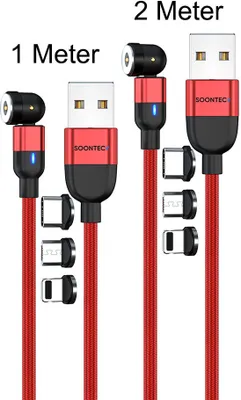 Produktbild von Magnet Ladekabel 2er Set (2 Meter+1 Meter) SOONTEC Magnetladekabel drehbar 360°&180° mit je 3 Stecker Micro USB/ USB-C/ Lightning 2,4 A Ladekabel (Rot)