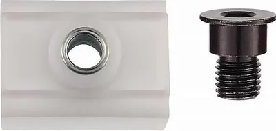 A white plastic sliding nut with a metal insert and a black screw are shown side-by-side on a white background.