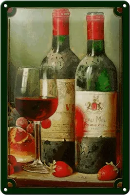 Produktbild von Blechschild Kunst 20x30cm Stillleben Rotwein Erdbeeren Obst